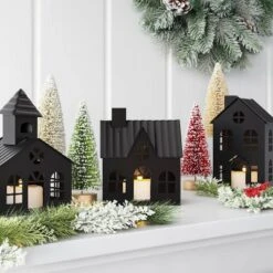 3pc Lit Metal House Decorative Christmas Figurine Set - Wondershop™ Black: Tabletop Indoor Decor, Battery-Powered
