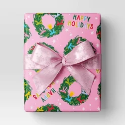 Wondershop 7 30” 20 Sq Ft Christmas Roll Wrap Happy Holidays And Wreaths On Pink - Wondershop™