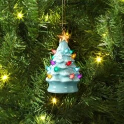 4" Christmas Lit Ceramic Retro Christmas Tree Ornament Blue - Wondershop™