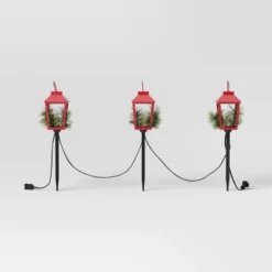 3pc Incandescent Red Metal Lantern With Greenery Christmas Novelty Path Light Clear - Wondershop™: UL Listed, Festive Outdoor Decor -Wondershop GUEST b3ac9481 f5ef 404f b6f1 e0e0a7ea7e34