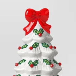 12" Lit Ceramic White Christmas Tree With Red Bow - Wondershop™ -Wondershop GUEST c098588d 6fff 453d 9a66 c0de0e128c6f