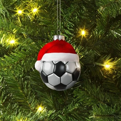 4" Christmas Glass Santa Hat Soccer Ball Ornament - Wondershop™ 3 4" Christmas Glass Santa Hat Soccer Ball Ornament - Wondershop™