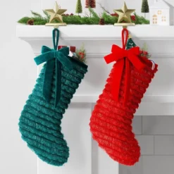 21" Christmas Fringe Fabric Stocking With Bow Green - Wondershop™